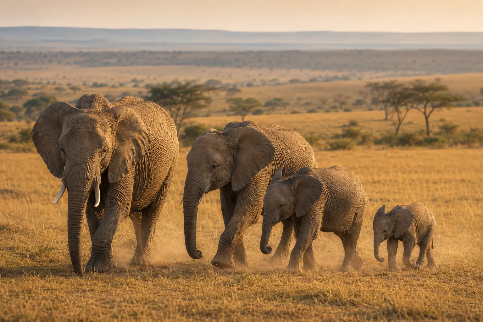 Elephant family crossing the Maasai Mara at golden hour