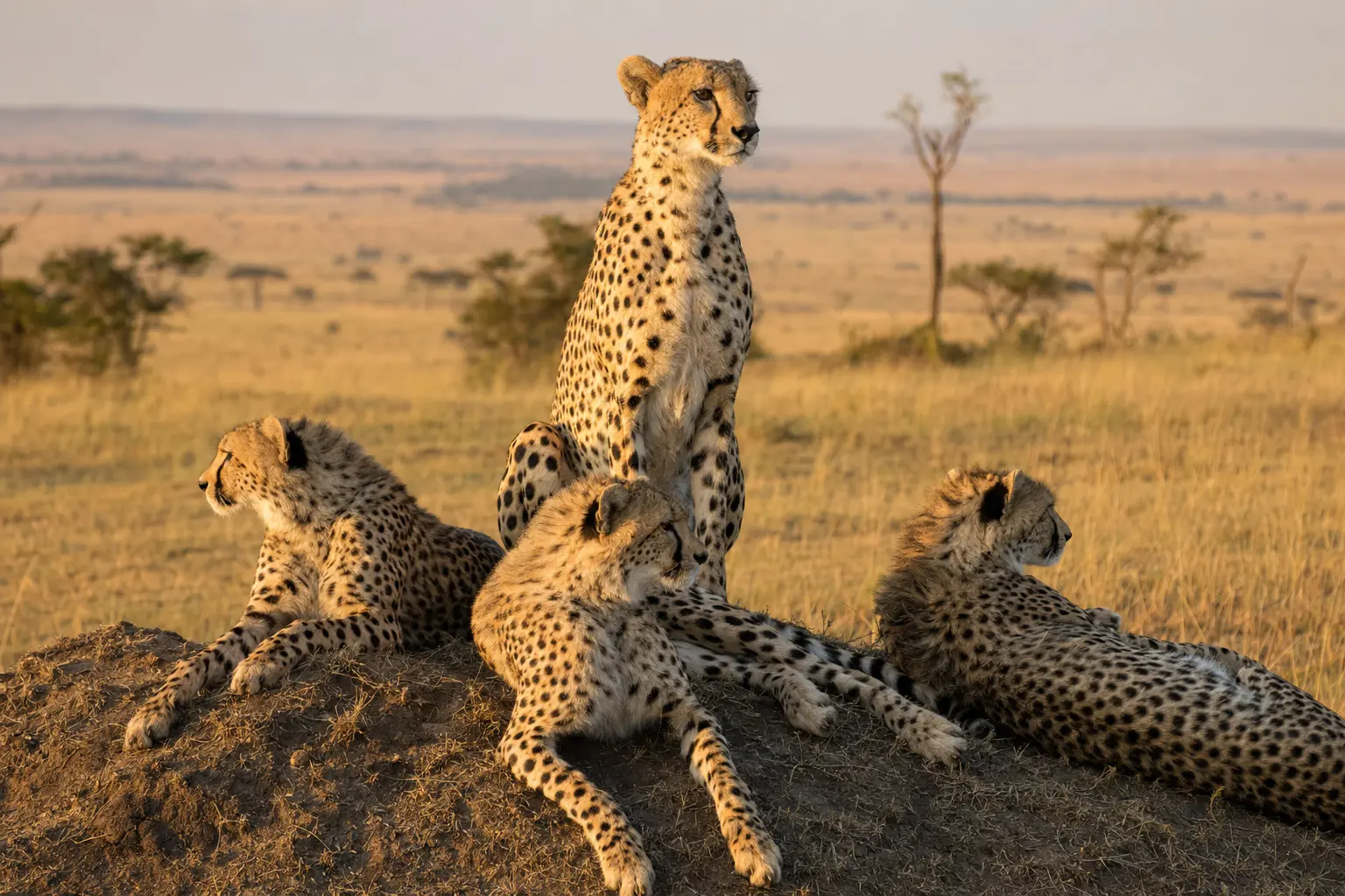 A cheetah family resting together on the Maasai Mara plains
